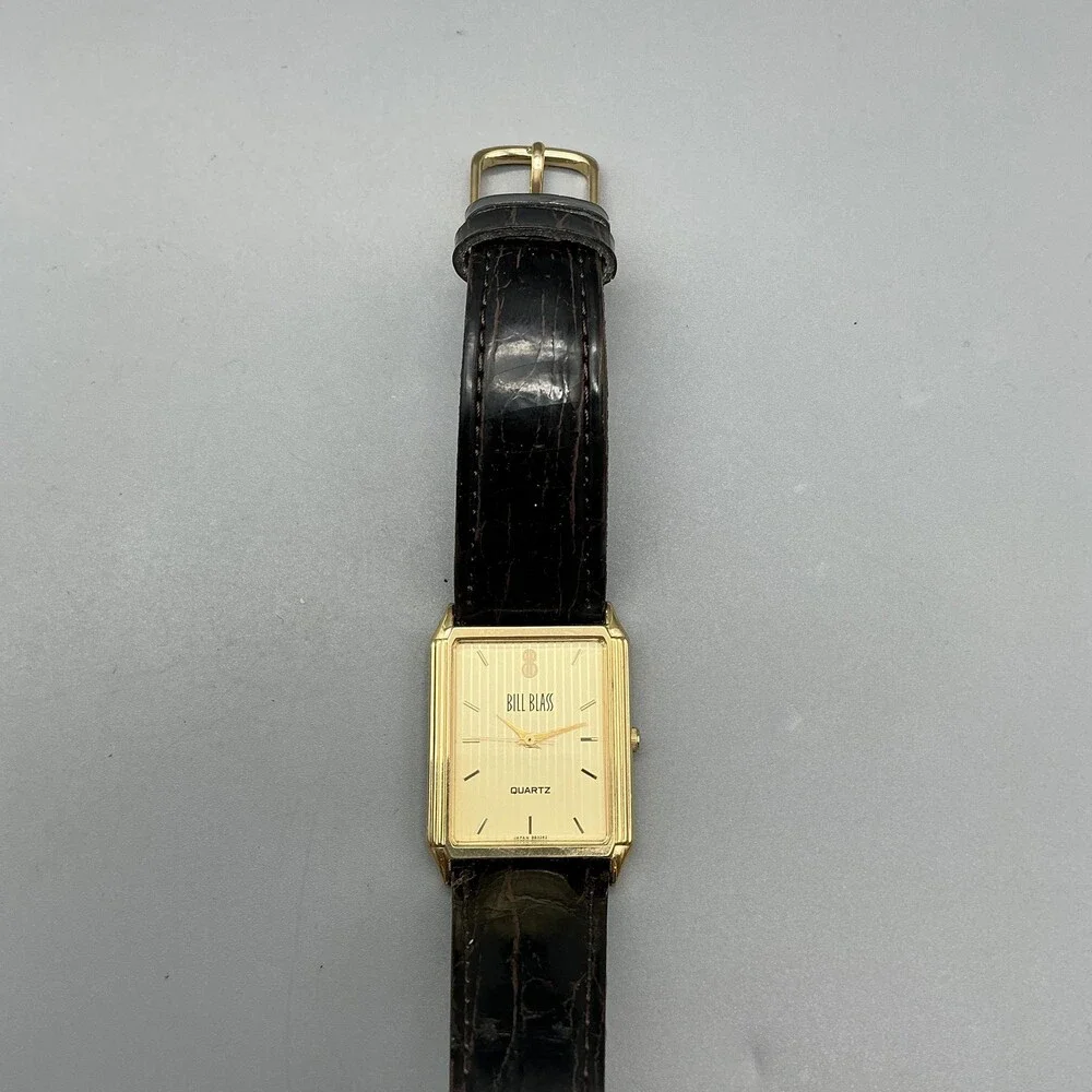 Vintage Bill Blass 007-0132 Mens Watch 24mm Gold Dial Black Leather New Battery